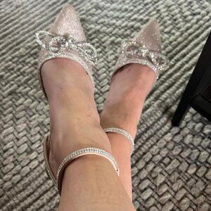 Women Rhinestone Stiletto Glitter Bow 4" Bridal Wedding Heeled Sandals-Gold